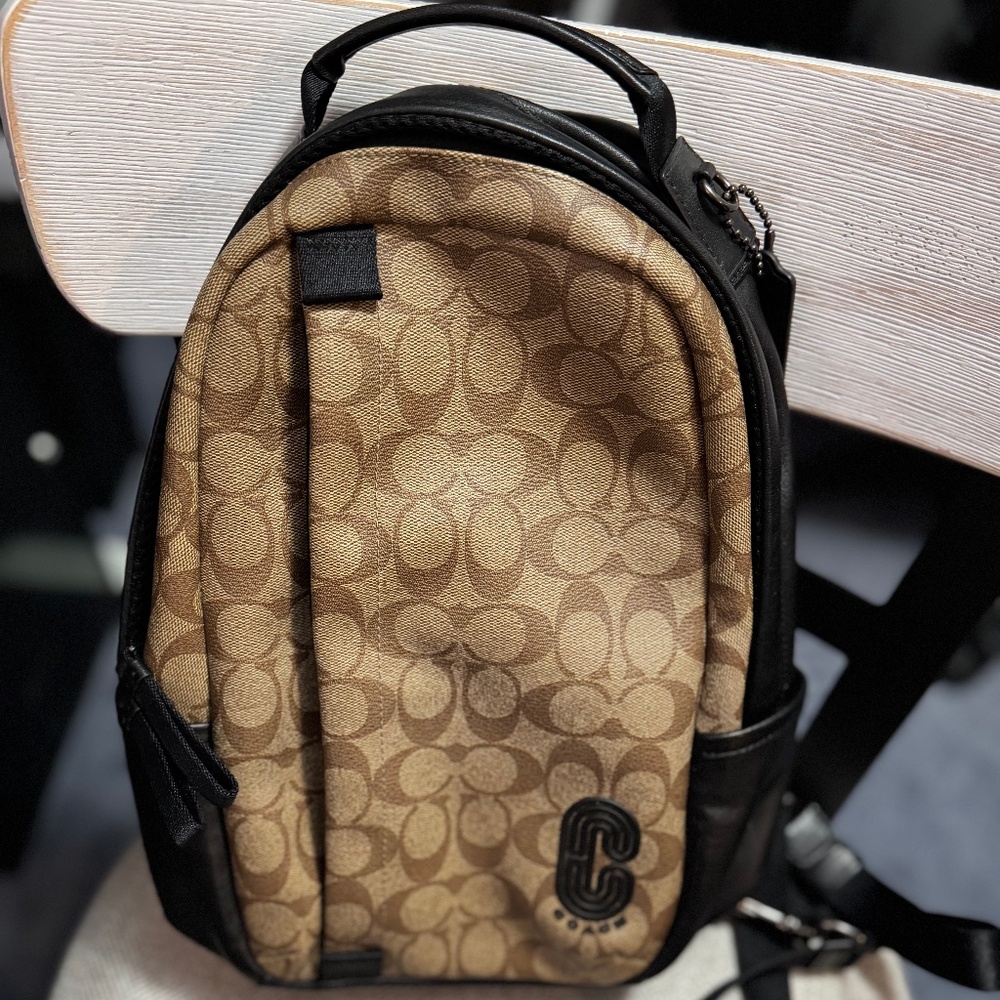 Coach Signature Canvas Sling Pack Crossbody Bag — Tan & Black Leather